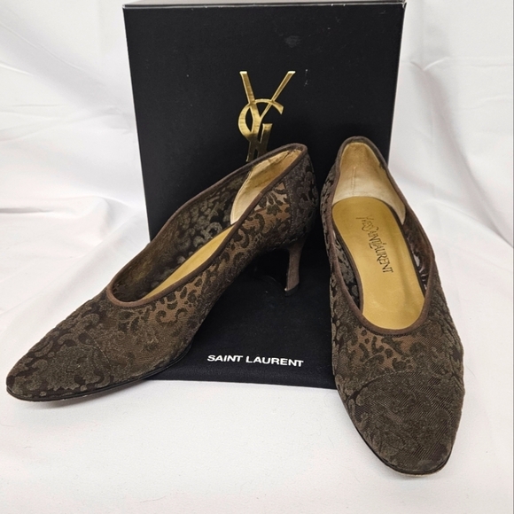 Saint Laurent Almond Toe Kitten Heels In Brown Suede And Velvet Mesh Size 9